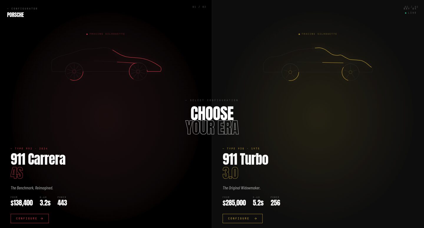 Porsche Configurator — Choose Your Era screen showing 911 Carrera 4S and 911 Turbo silhouettes